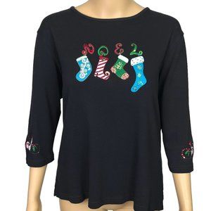 Coral Bay‎ Womens Petite PL Embroidered Noel Christmas Stockings Blouse Shirt